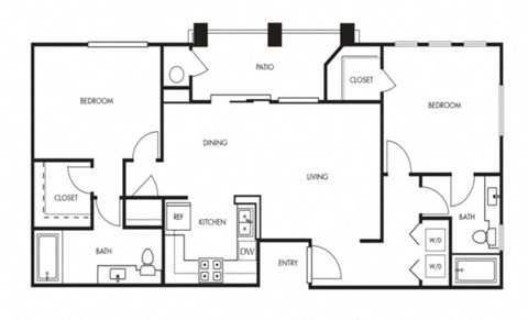 Floor plan for 2 beds, 2 baths, 971 sqft